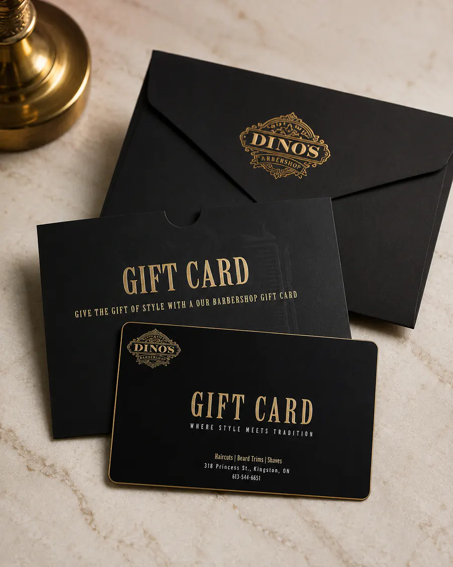 Dino's black and gold gift card presented with its branded envelope