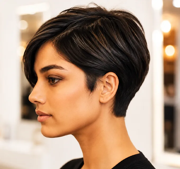 Example of a short haircut with a side-swept fringe